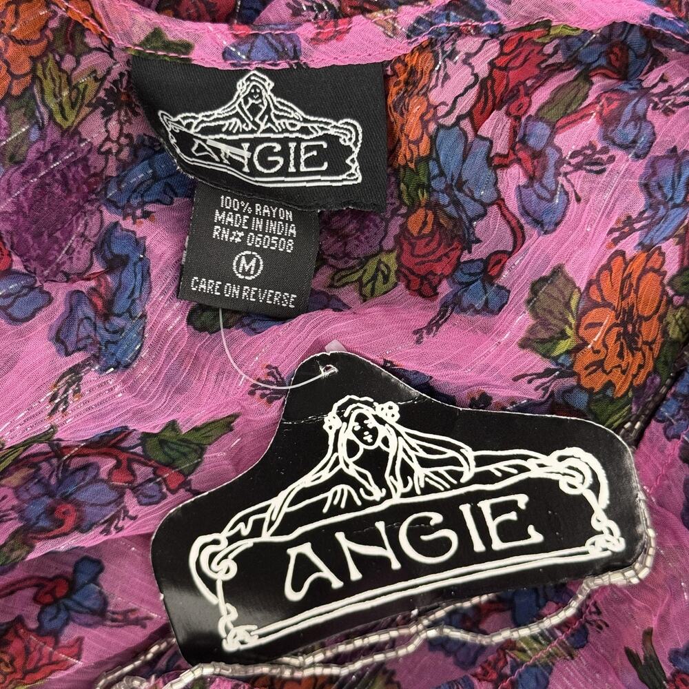 Angie Y2K Top Womens Medium Floral Sheer Boho Handkerchief Hem Beaded Blouse NEW - Picture 6 of 9